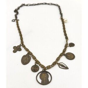 Vintage Signed Aubrey Religious Charm Necklace 32” | Patinated Brass